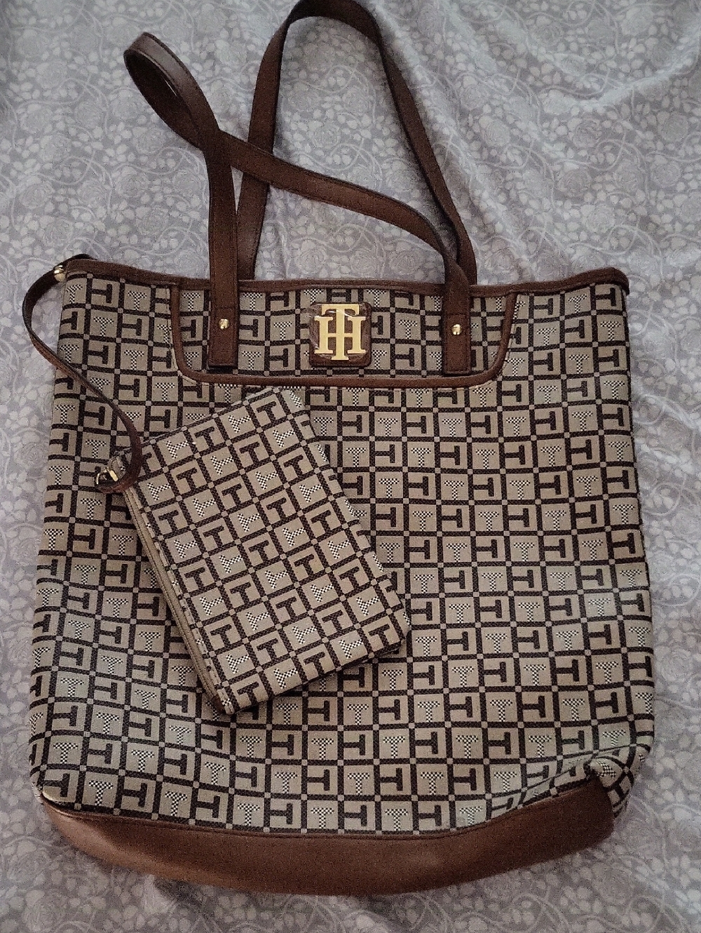 Tommy Hilfiger Brown & Cream Monogram Tote with Wristlet
